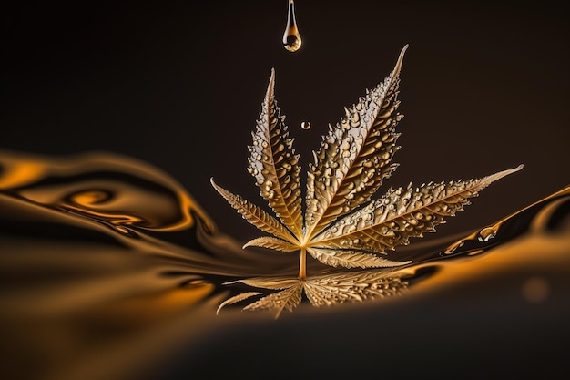 Medische cbd gouden oliedruppel op cannabisblad illustratie Generatieve AI