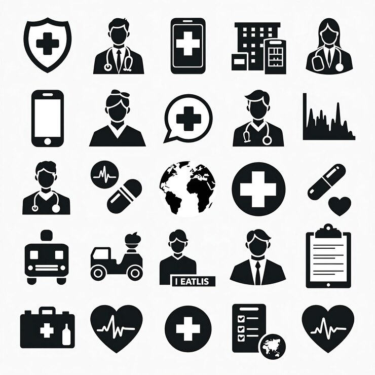 Foto medische en gezondheidszorg icon set ambulance stethoscoop en hartslag symbolen