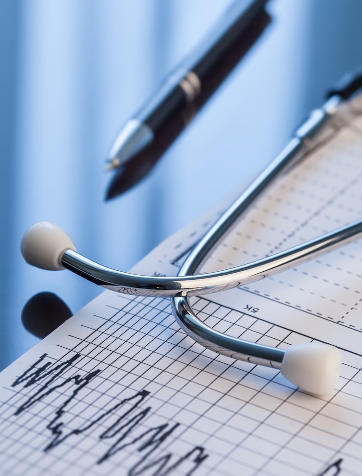 Foto medische instrumenten. stethoscoop en cardiogram op een tafel.