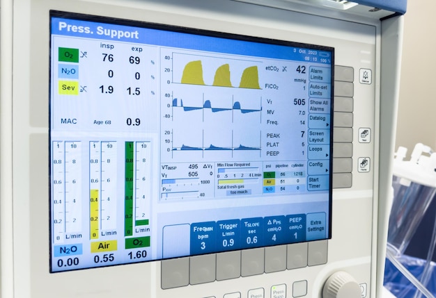 Foto medische monitor geeft vitale functies weer met grafieken en cijfers hartslag bloeddruk temperatuur