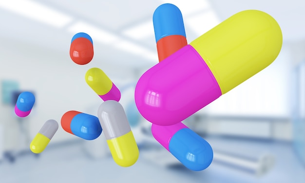 Medische pillen, veel medicijncapsules van verschillende kleuren 3D render