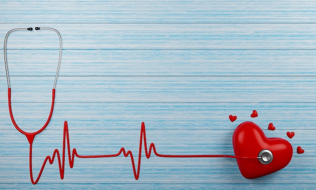 Foto medische stethoscoop en hartslag rood op de blauwe plankvloer kleine en grote rode hartvormige modellen 3d-rendering