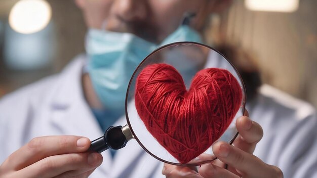 Medische student met een vergrootglas en kijkt naar een garen rood hart op wazige achtergrond Aziatische