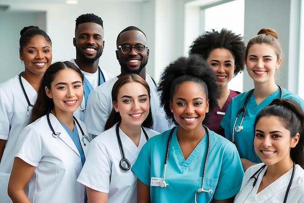 Medische studenten groepsleider en kliniek portret met geluk diversiteit of solidariteit voor de gezondheidszorg Verpleegster zwarte man en vrouw voor motivatie dienst of samenwerking in het ziekenhuis voor leren