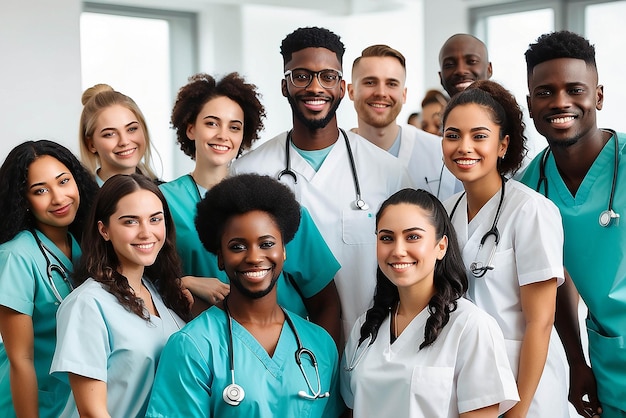 Medische studenten groepsleider en kliniek portret met geluk diversiteit of solidariteit voor de gezondheidszorg Verpleegster zwarte man en vrouw voor motivatie dienst of samenwerking in het ziekenhuis voor leren