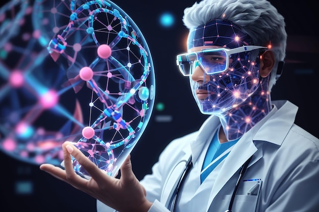 Foto medische technologie de netwerkendna digitale gezondheidsnetwerken op hologram futuristische arts