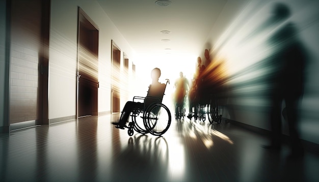 Medische ziekenhuisgang met medisch personeel en patiënten in motion blur zonlichteffect