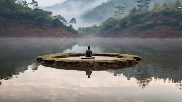 Photo meditates in a landscape floating world