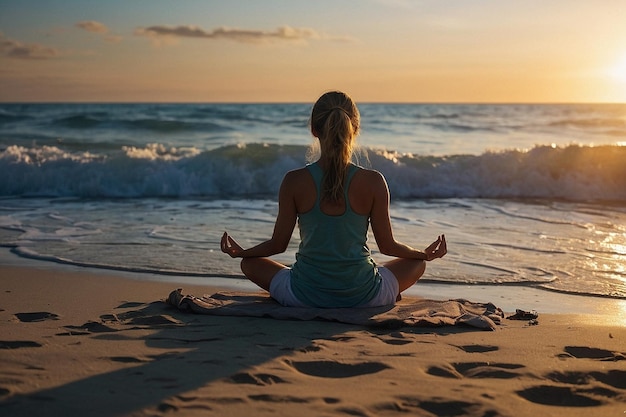 Meditatie bij de zonsopgang aan het strand.