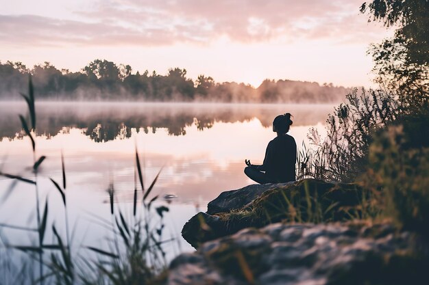 Meditatie bij zonsopgang aan de nevelige oever van het meer