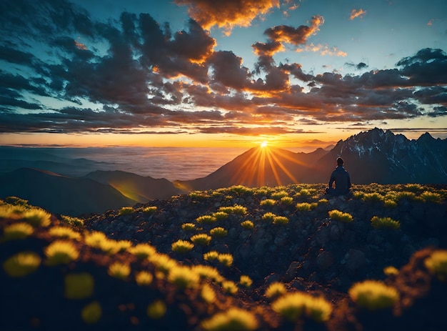 Meditatie in de bergen bij zonsondergang, gezondheid en welzijn in verbinding met de natuur