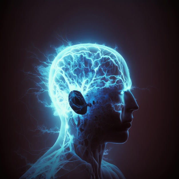 Meditatieconcept met menselijk hoofd silhouet gloeiende esoterische neuronen in hersenen AI gegenereerd