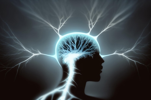 Meditatieconcept met menselijk hoofd silhouet gloeiende esoterische neuronen in hersenen AI gegenereerd