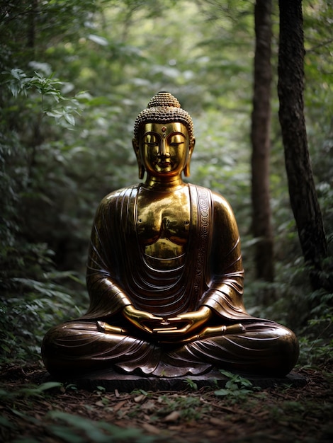 静かな森の中で瞑想する仏像