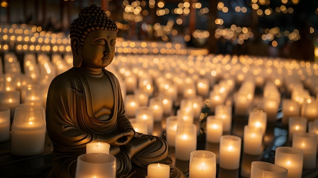 Photo meditating buddha statue with candles