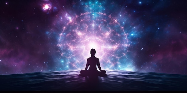 A meditating human silhouette in yoga lotus pose Galaxy universe background