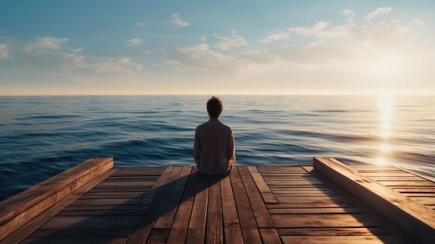 Photo meditating man sitting on a single wooden deck