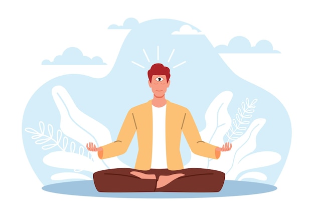 meditating man with third eye on his forehead uses intuition to make decisions boy sitting in lotus position balance and calm mental health vector cartoon flat style isolated concept