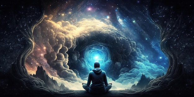 Медитация и наблюдение за вселенной AI Генерирующая иллюстрация