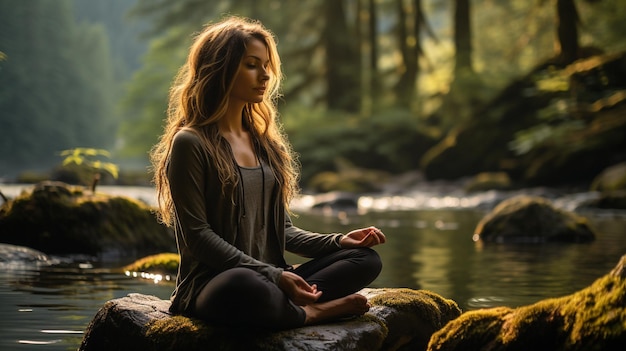 Photo meditating person in nature focusing on calmness concentration and relaxation