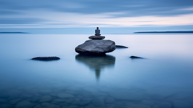 Медитация в одиночестве на скале у реки Красивое небо Генеративный AI