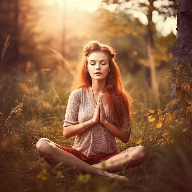 Meditation beautiful girl meditating in nature