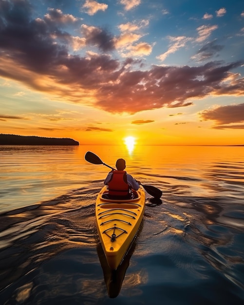 Meditation boating kayak water silence freedom landscape peaceful morning rowing isolated photo