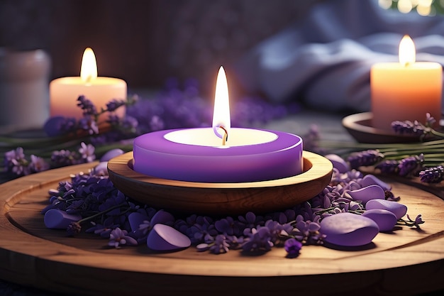 Meditation candle burning on a wood dish over a bed of stones with lavender flowers for a spiritual meditative Zen experience inspiration session