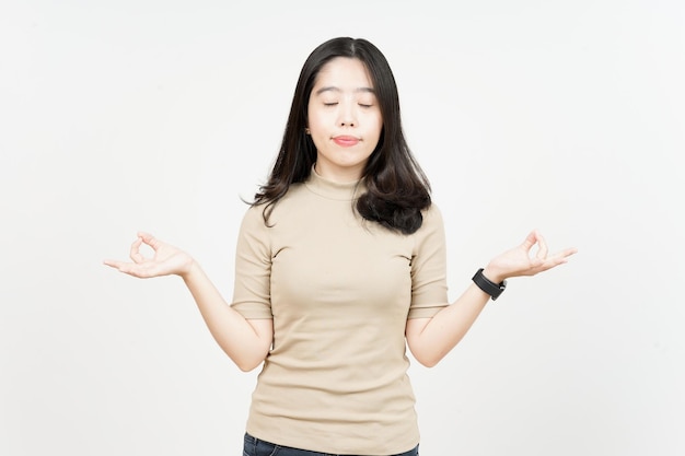 Meditation Gesture Of Beautiful Asian Woman Isolated On White Background