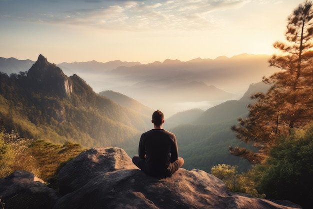 Meditation landscape and man sitting on a mountain top for mindfulness and spirituality Peaceful stress free and focus in nature with view for mental health Ai generated