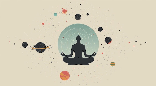 Meditation in lotus position with planets and stars