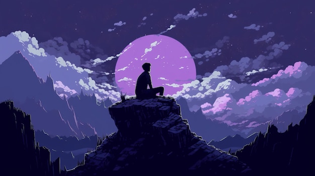 Meditation in the mountains anime art style