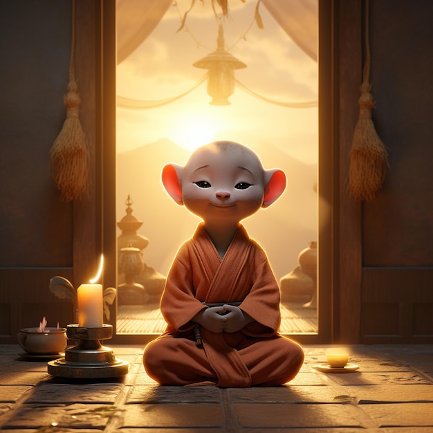 Meditation room Cute little monk rat sunset