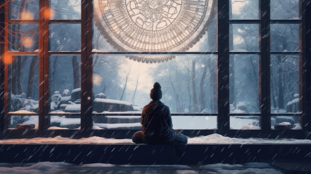 瞑想する冬の女性