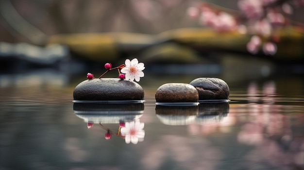 Meditation with zen stones and cherry blossom decor on water with generative ai