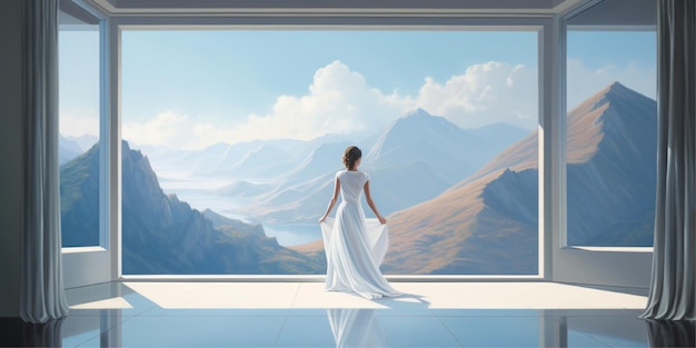 медитативная женщина с видом на горный пейзаж