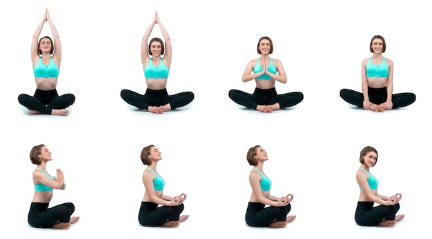 Photo meditation yoga exercise on isolated background in gaiety full body length shot