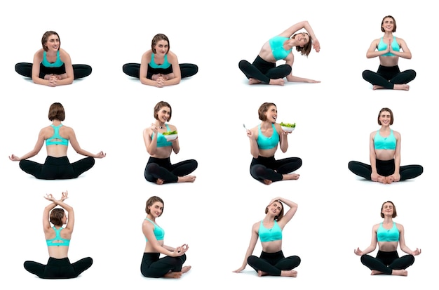 Meditation yoga exercise on isolated background in gaiety full body length shot