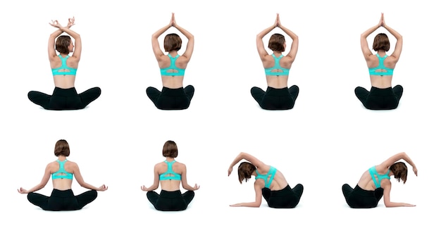 Meditation yoga exercise on isolated background in gaiety full body length shot