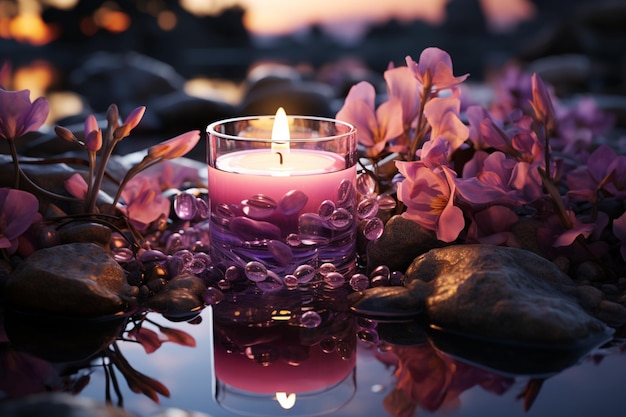 Meditative ambiance flickering candle stones and lavender create a tranquil setting