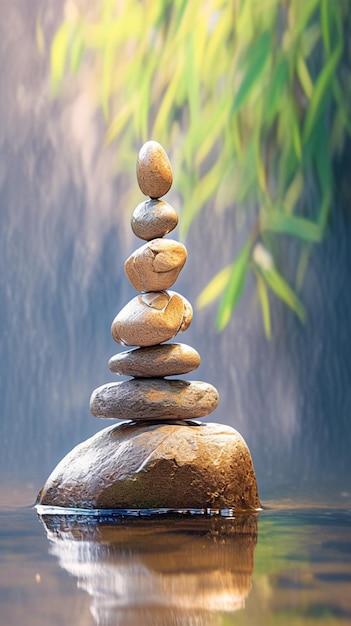 Meditative balance Zen stones placed harmoniously by the river Vertical Mobile Wallpaper