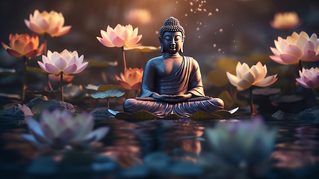 Meditative Buddha statue surrounded by blooming lotuses in calm waters of pond