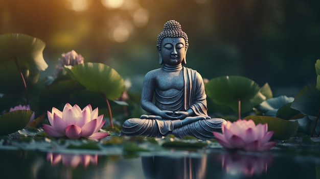 Статуя Будды в состоянии медитации, окруженная цветущими лотосами в спокойных водах пруда