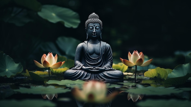 静かな池の水の中でく蓮に囲まれた瞑想的な仏像