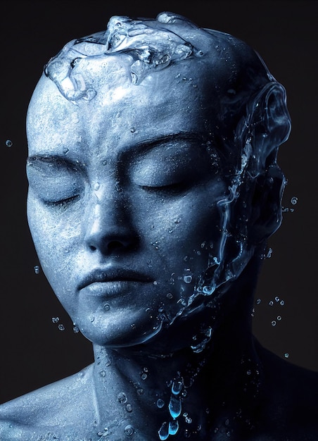 Meditative Female Humanoid Made Of Water Liquid Poster Raster Illustration.