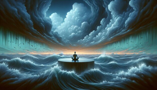 Meditative figure amidst turbulent waves and storm