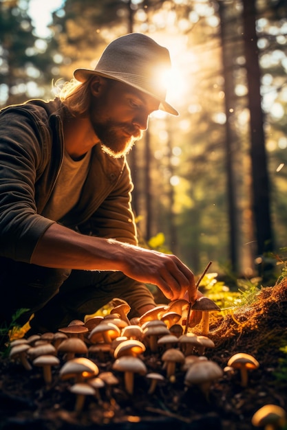 meditative process of mushroom picking in a serene forest environment