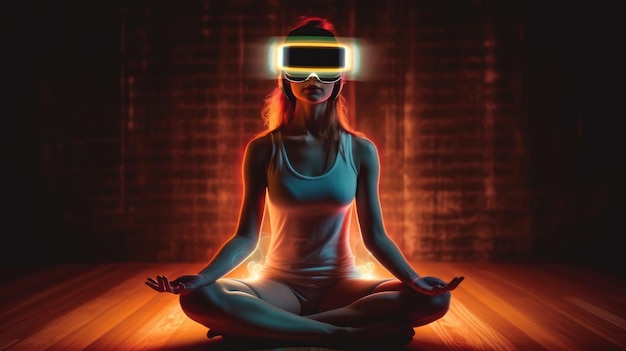 Foto stato meditativo con un tocco tecnologico luminoso con luci al neon