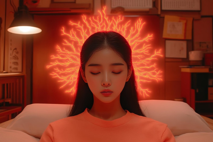 Photo 집중력 을 상징 하는 머리 에서 빛나는 은 디지털 선 을 가진 명상 하는 여자