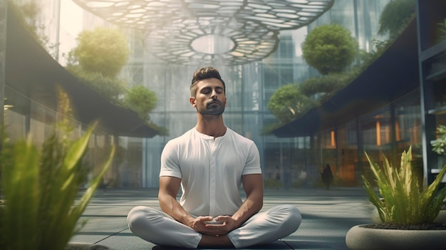 a meditator finding inner peace amidst a chaotic urban environment